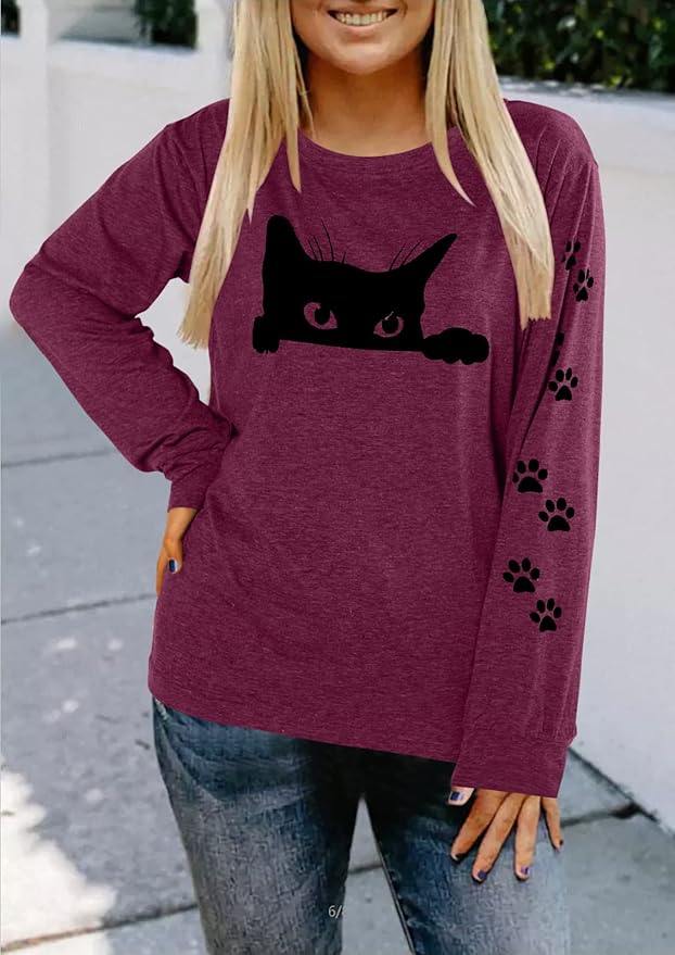 JINTING Cat Shirts for Women - Loose Fit Lightweight Long Sleeve Graphic Tee Fall Printed Crewneck Blouse Casual Tops