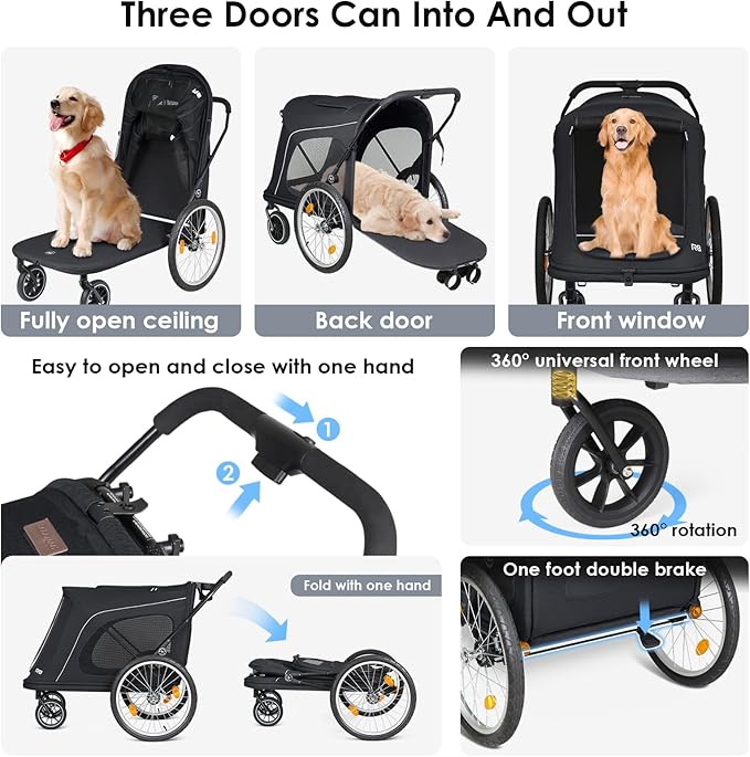 R8 Pro Extra Large Foldable Pet Stroller, Dog Stroller & Pet Trailer for Large Dogs Under 100 lbs, Unmovable, Disabled & Pregnant Dogs - Conveniently Carriable by Bike and Car, Black