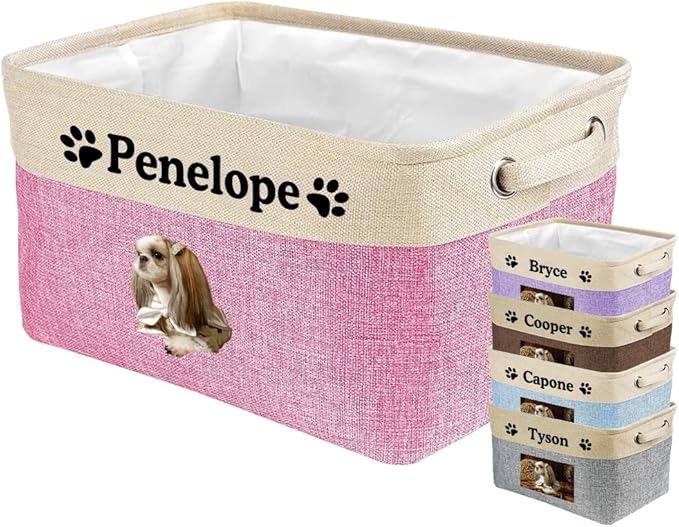 Custom Dog Basket for Toys Collapsible Storage Bin Grey Brow Pink Purple Blue Rectangular Pet Storage Organizer Box with Handles Medium Customized Name & Photo