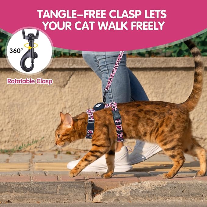 BINGPET Cat Harness and Leash Set Escape Proof for Walking,Adjustable Kitten Harness with Airtag Holder for Small Medium Large Cats (Pink Leopard Print,Neck:8"-12",Chest:12.5"-18")