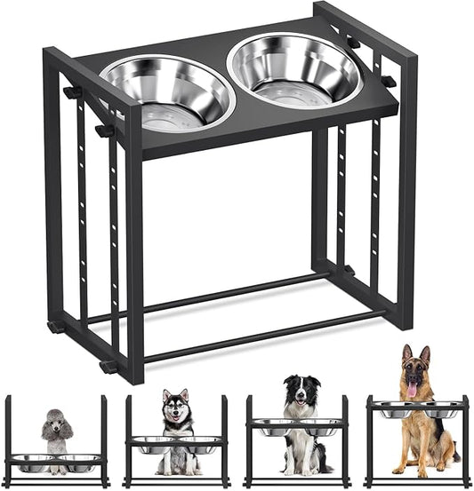 Elevated Metal Dog Bowls for Medium Breed: 4 Height-Adjustable Raised Dog Bowl Feeder Station with 2 Stainless Steel Bowls, Black