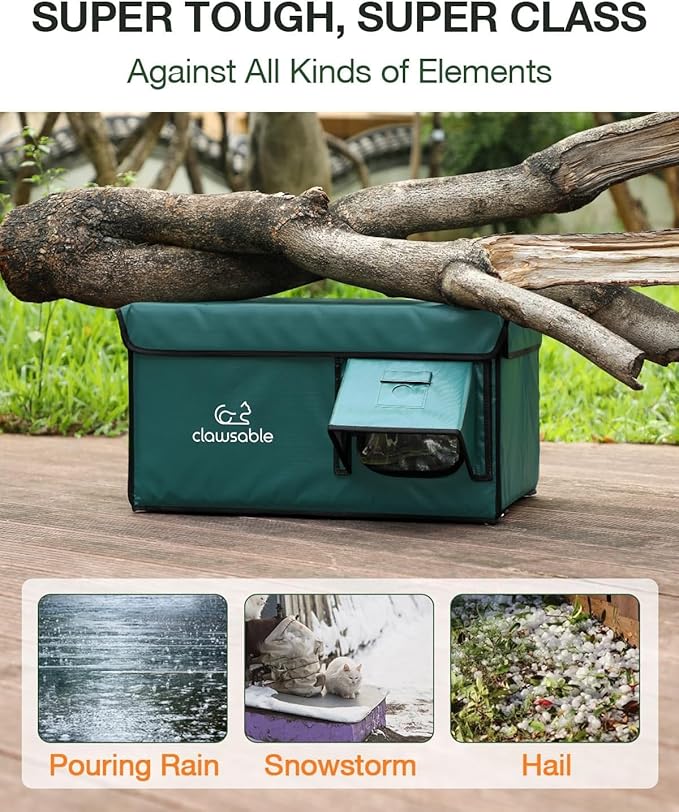 Indestructible Heated Cat House for Outside Cats Winter, 100% Weatherproof, Safe Escape Door, Insulated Outdoor Cat Shelter with Heater for Feral Barn Cat Kitty (Forest Green, 26"x17"x14")