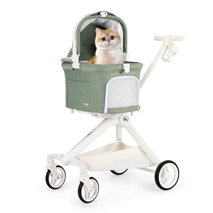 TT Lightweight Pet Stroller for Small Dogs & Cats - 4-Way Installation Carrier, One-Hand Fold, 180° Canopy Cover & Adjustable Handle (Green)