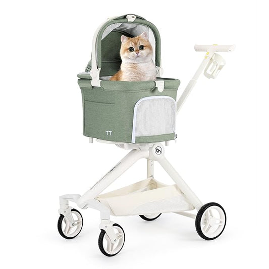 TT Lightweight Pet Stroller for Small Dogs & Cats - 4-Way Installation Carrier, One-Hand Fold, 180° Canopy Cover & Adjustable Handle (Green)