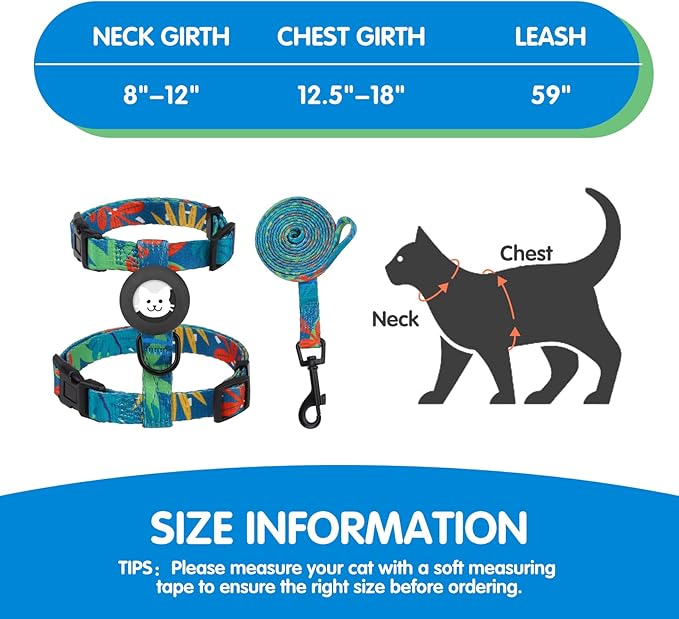 BINGPET Cat Harness and Leash Set Escape Proof for Walking,Adjustable Kitten Harness with Airtag Holder for Small Medium Large Cats (Green Leaves Print,Neck:8"-12",Chest:12.5"-18")