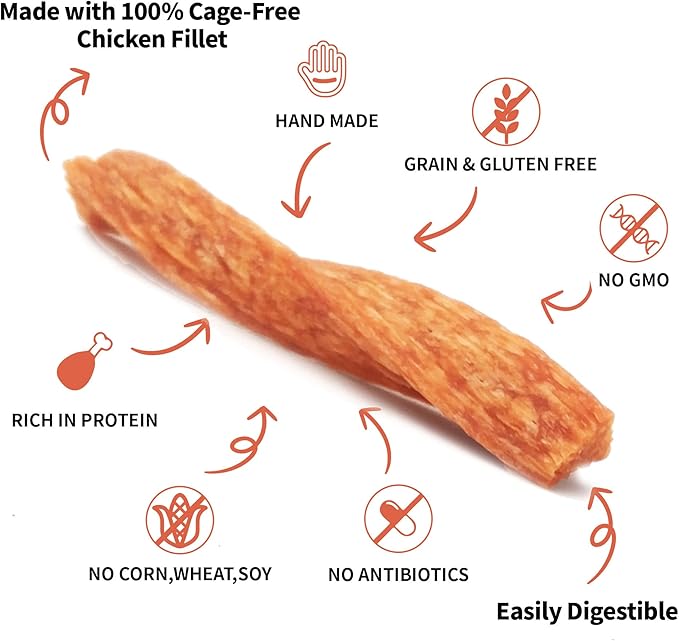 Chicken Dog Chew Twist Sticks, Puffed Human Grade Chicken Dog Treat Sticks, Rawhide Alternative, Easy to Digest 10pcs/Pack