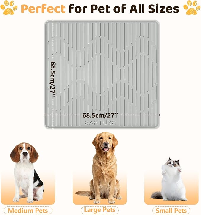 Silicone Cat & Dog Food Mat, 27" x 27" Large Pet Feeding Mat for Cats and Dogs Bowl, Pet Placemat for Food and Water with Raised Edge, Waterproof, Leakproof (Grey)