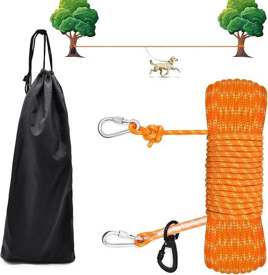Dog Tie Out Cable for Camping, 50ft Reflective Overhead Trolley System for Dogs up to 300lbs, Portable Dog Hitching Lead, Dogs Runner for Yard Camping Training Running Hiking Outdoor