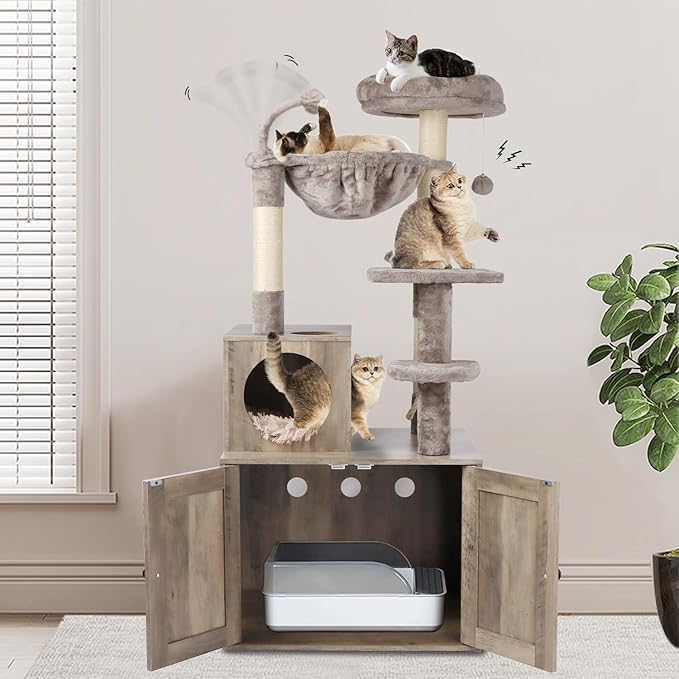 Cat Tree with Litter Box Enclosure, 2-in-1 Cat Tower for Indoor Cats, Large Wood Cat Condo with Basket, Scratching Posts, Pompoms, Grey