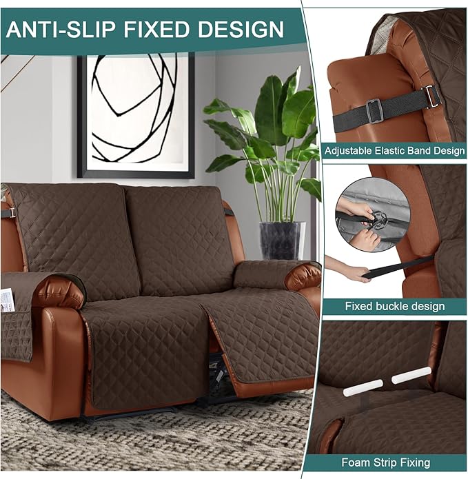 Ruaozz Waterproof Recliner Sofa Cover 1-Piece Couch Covers for Reclining Couches Reclining Sofa Cover Washable Furniture Protector with Elastic Straps Pocket for Kids, Pets (Dark Brown, 2 Seater)