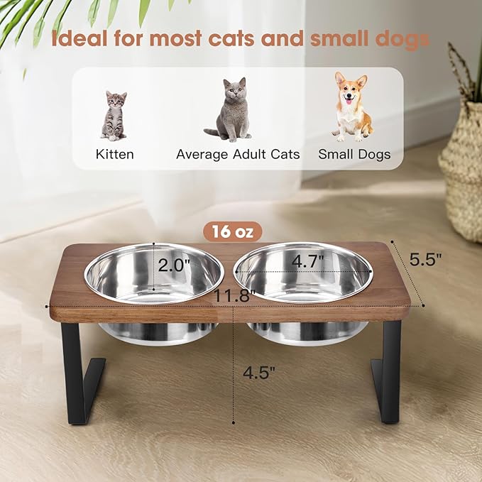 Elevated Cat Bowls, 15° Tilted Raised Cat Food Bowls Wood Pet with Stand Anti Vomiting 2 Stainless Steel for Cats and Puppy