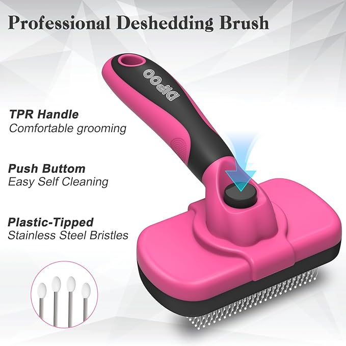 Self-Cleaning Pet Grooming Brush - Skin-Friendly Deshedding Tool for Dogs & Cats in Pink, Removes Loose Hair and Tangles