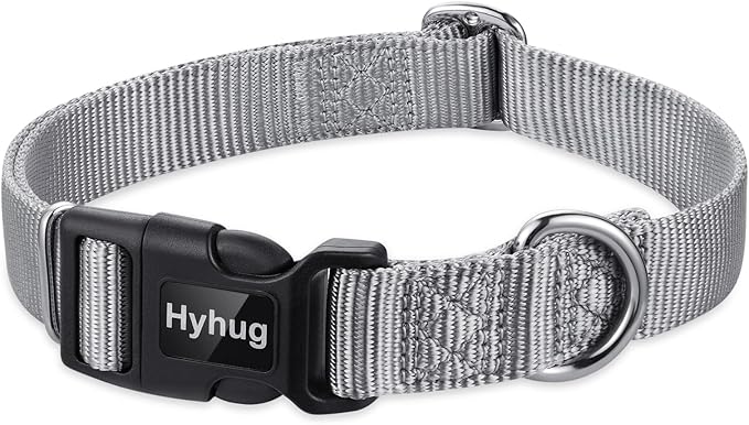 Hyhug Pets Solid Color Classic Regular Heavy Duty Basic Collar for Large Breeds Dogs, Unique Design Adjustment Triglide Slide (Buckle) Can Attached Name Tag Accessories. (Large, Sleet Gray)