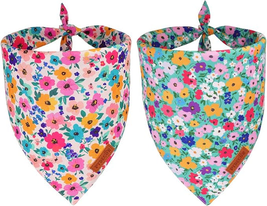PTDECOR Floral Dog Bandana, Flower Reversible Pets Scarf, Premium Durable Fabric, Adjustable Pink Green Bandanas for Extra Large Dogs (X-Large)