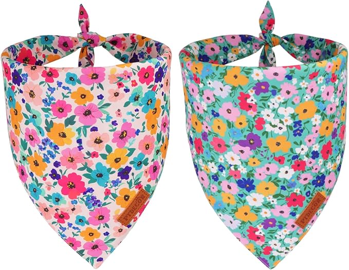 PTDECOR Floral Dog Bandana, Flower Reversible Pets Scarf, Premium Durable Fabric, Adjustable Pink Green Bandanas for Medium Large Dogs Pets (Large)
