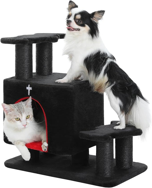 Gothic 3-in-1 Dog Stairs & Cat Scratching Post with Condo - Pet Steps for High Beds, Sofa & Couch, 3-Tier Cat Tower with Sisal Scratching Pad for Small Dogs, Cats & Kittens, Black