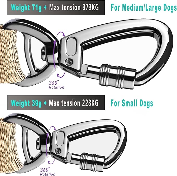 Hotsky Tactical Dog Leash Heavy Duty,4-6Ft Strong Bungee Shock Absorbing Lead with Padded Double Handle,Car Seatbelt,Metal Carabiner Clip,No Pull Leash for Small Dogs,Khaki