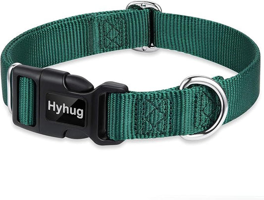 Hyhug Pets Solid Color Classic Regular Heavy Duty Basic Collar for Medium Dogs Daily Use, Unique Design Adjustment Triglide Slide (Buckle) Can Attached Name Tag Accessories. (Medium, Dark Green)