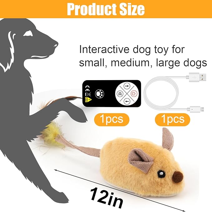 Mity rain Interactive Dog Toys, Fake Remote Control Dog Toy to Keep Them Busy, Dog Mouse Toy with Realistic Sound & Extended Tail, Automatic Dog Toy for Cats Dogs Pet, Squeaky Dog Toys Yellow