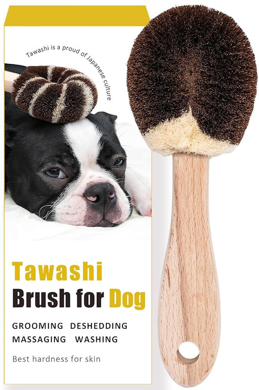 Dog Grooming Massage Tawashi Brush with Wood Handle Less Static Natural palm fiber Made in Japan (Small dog B)