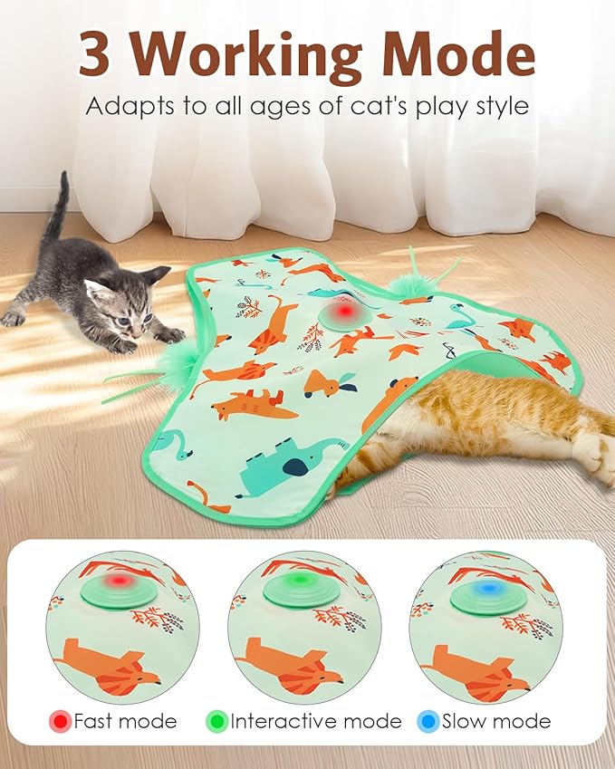 Interactive Cat Toy, Automatic Kitten Cat Toys for Indoor Bored Adult Cats, Rechargeable Cat Toys with Motion Activated, Real Mouse Squeaky, Moving Concealed Feathers, Hide & Seek