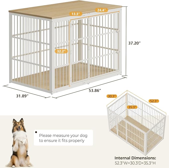 Lyromix 54" Dog Crate Furniture with Foldable Door, XXL Dog Crates for Large Dogs, Wooden Decorative Dog Cage Kennel Indoor End Table, Natural Beech