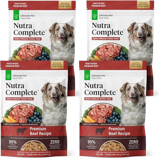 ULTIMATE PET NUTRITION Nutra Complete, 100% Freeze Dried Veterinarian Formulated Raw Dog Food with Antioxidants Prebiotics and Amino Acids, (1 Pound (Pack of 4), Beef)