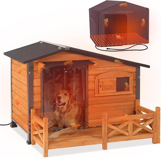 GUTINNEEN Large Heated Dog House Outdoor Dog Kennel Safe Winter Shelter with Thermostat-Controlled Heating Pad, Chew-Proof Metal Frame and 6-Sided Insulated Liner for Small to Large Dogs (Brown)