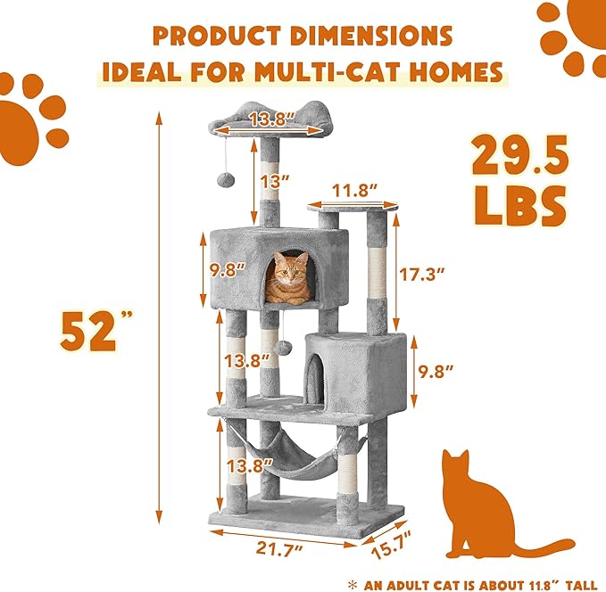 Cat Tree for Indoor Cats - Tall Multi-Level Cat Tower with Condos, Sisal Scratching Posts and Hammock, Top Perch with Dangling Toys for Large Cats and Kittens, Light Grey
