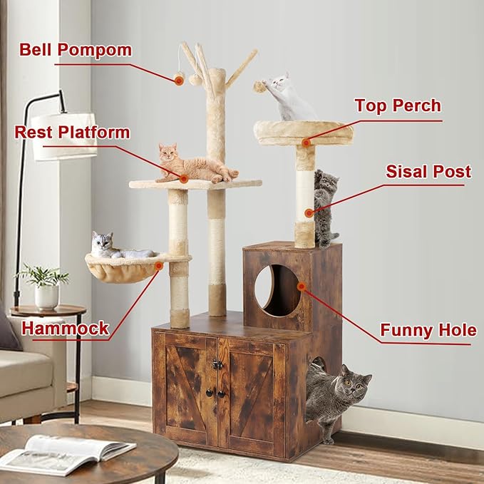 Cat Tree Tower with Litter Box Enclosure, 2-in-1 Wooden Cat Condo with Sisal Scratching Post, Hammock, Brown