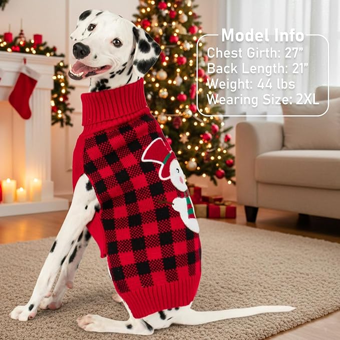 KYEESE Dog Christmas Sweater with Snowman Design, Turtleneck Dog Sweater for Small Dogs, Red Buffalo Plaid Knitwear, Cozy Winter Holiday Outfit with Leash Hole, Warm Soft Pet Clothes, Medium