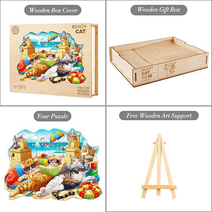 KAAYEE Wooden Puzzles for Adults, Beach Cat 270 Piece Unique Animal Shape Puzzle, Cat Wood Puzzle for Adults, Creative Gifts for Friends/Family, Home Decor(13.4 * 9.8in)