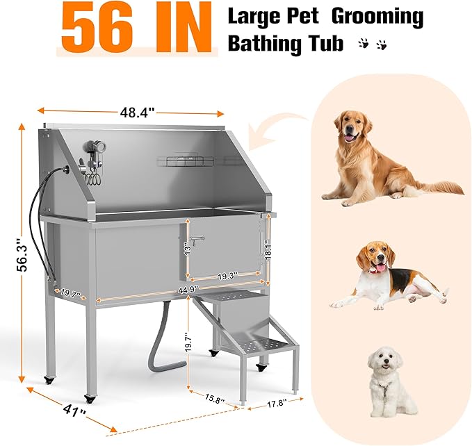 COZIWOW 56" Dog Washing Station, Large Dog Wash Station for Home, Stainless Steel Dog Grooming Tub, Professional Dog Bathing Station with Shower Hose, Washing Gloves, Floor Grate