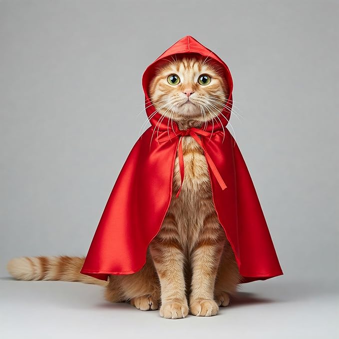 Devil Cat Cloak and Horned Mask Costume for Indoor Cats, Funny Superhero Pet Outfit for Halloween, Cosplay and Party Photoshoots, Red Hooded Cape and Mask Set for Cats – Big/Middle