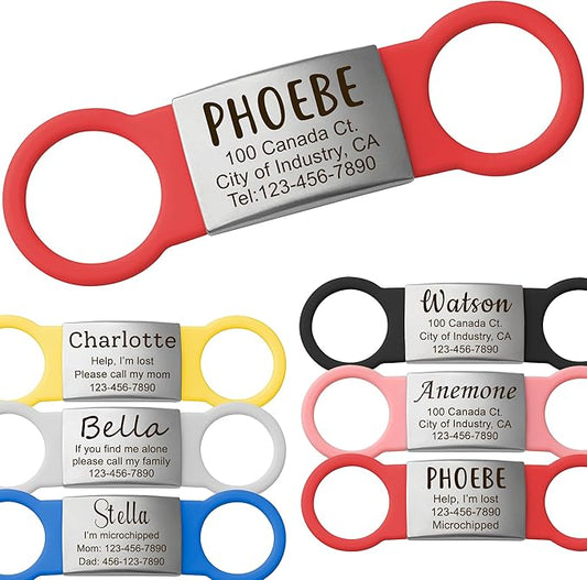 Anavia Slide On Silent Pet ID Tags, S/M/L/XL Personalized Multi-Color Silicone Band Cat Dog Name Tags, Customized Engraved Stainless Steel, Chew-Proof Quiet Dog Collar Tags (Large, Red)