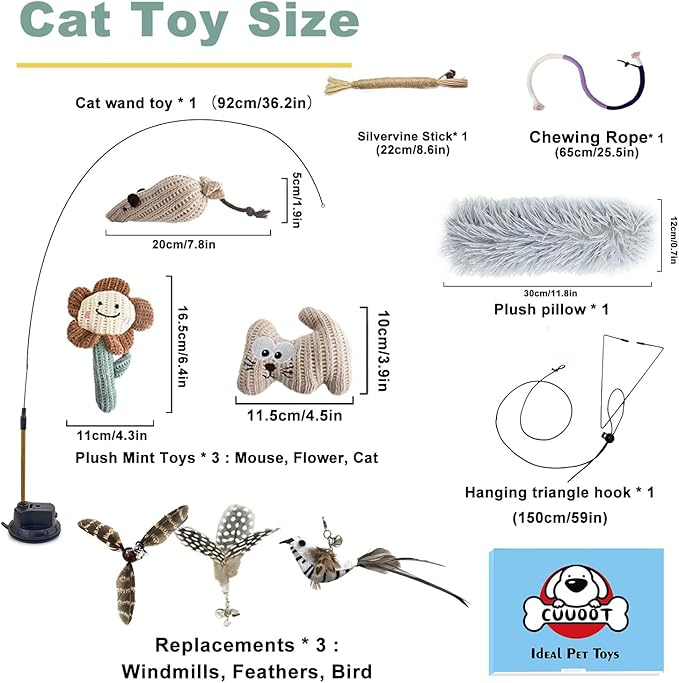 7-in-1 Kitten Toys for Indoor Cats with Washable Adhesive Suction Cup, Hanging Interactive Cat Toys, Silvervine Stick and Sisal Chew Rope Catnip Teething Toy for Bored Kitten