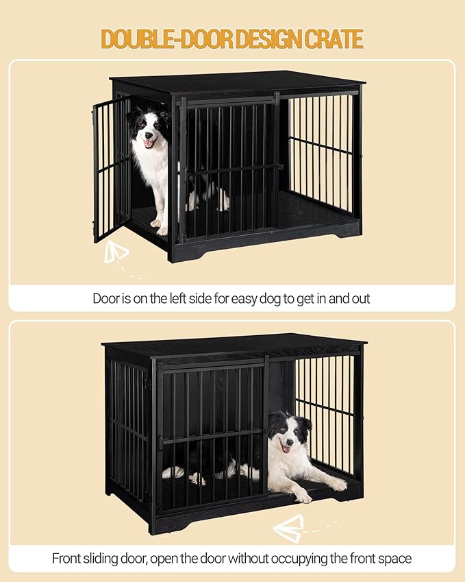XL Large Dog Crate Furniture, 44.1" Indoor Dog Kennel Furniture with Barn Door, Wooden Tall Dog Crate, Heavy Duty Dog Cage for Large Dogs, Side End Table, Anti-Chew, Black DFC80104B