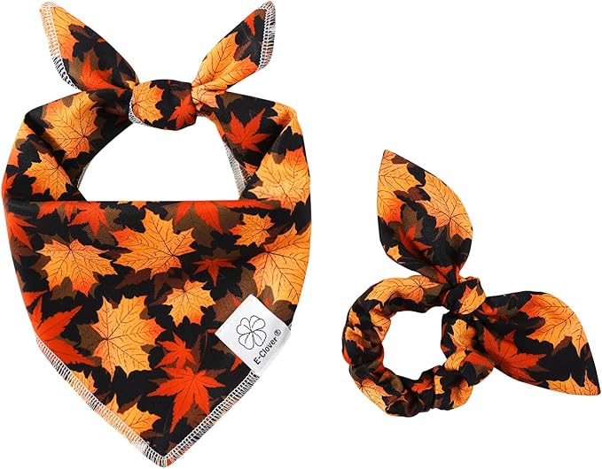 E-Clover Fall Dog Bandana & Matching Scrunchie Set Pet Scarf Kerchief Bibs Dog Outfit for Small Dogs Puppy Owner Gifts Orange Black Maple Leaves