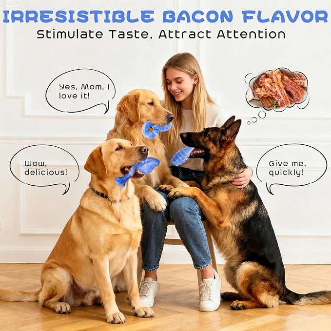 WinTour Dog Chew Toys for Aggressive Chewers 3 Pack, Indestructible Dog Toy to Keep Them Busy, Tough Dog Toys for Aggressive Chewers for Small, Medium and Large Breeds, Bacon Flavor, Blue