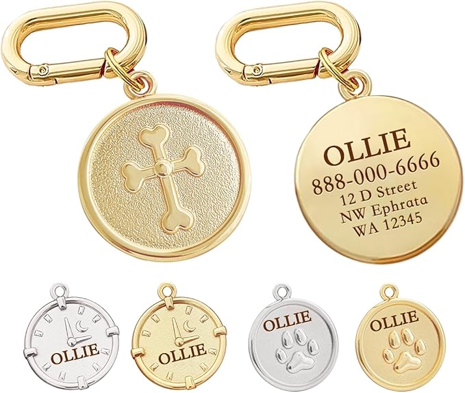 Dogs ID Tags Personalized Double Sided Deep Engraved Cat & Dog Collar Charm Round Shape Frosting Process Silver/Gold Plated