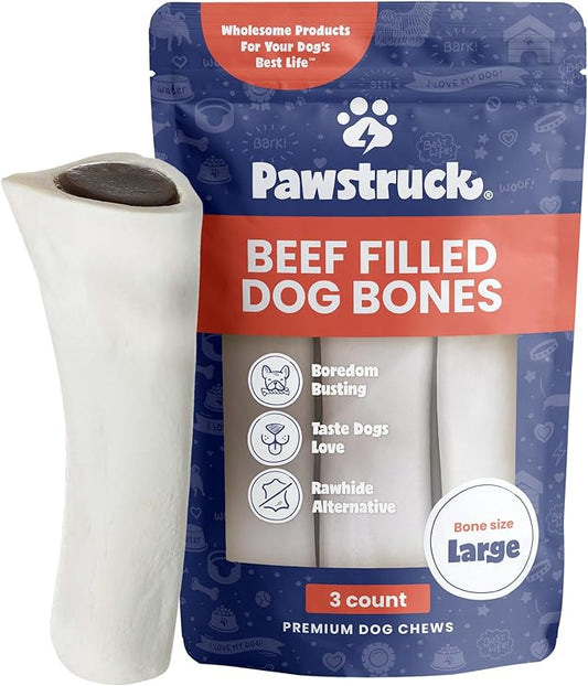 Pawstruck Large 5-6" Filled Dog Bones, Beef Flavor - Made in USA, Long-Lasting Stuffed Femur for Aggressive Chewers, Dental Treat - Pack of 3, Packaging May Vary