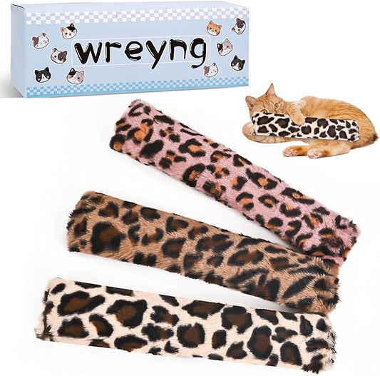 3Pcs Leopard Print Cat Kicker Toy with Organic Catnip - Durable Chew Pillow for Indoor Cats, Plush Catnip Toys for Play & Calming, Soft Cat Bed Stuffing (Leopard)