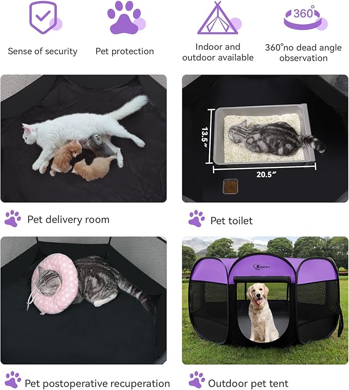 Large Dog Playpen, Puppy Pet Playpen Indoor, Dogs Tent Crates Cage Indoor/Outdoor, Portable Pop Up Dog Kennel Playpen with Carrying Case for Dogs/Cats/Rabbits, Purple