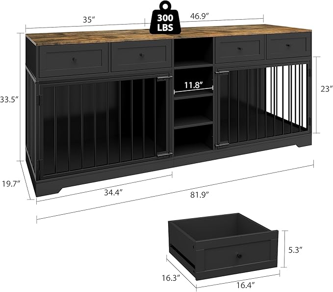 GarveeHome 82” Double Dog Crate Furniture, Large Dog Kennel Indoor for 2 Dogs, Heavy Duty Wooden Dog Crate TV Stand with 4 Drawers and Shelves, Black