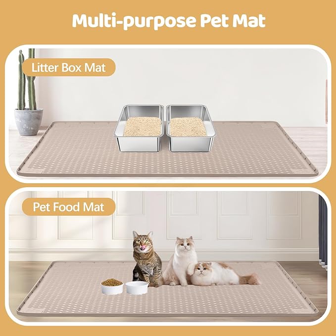 Cat Food Mat, 57" x 40" Extra Large Silicone Pet Feeding Mat with Raised Edge Pet Placemat for Food and Water Bowl Non-Slip, Easy to Clean, Floor Protection (Khaki)