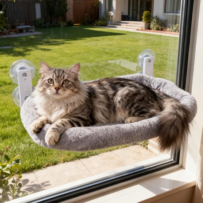 Cat Window Perch with Strong Suction Cups, Cat Window Hammock Foldable Bed with Breathable Mesh, All-Season Lounger for Medium Small Cats to Bird Watch & Sunbathe (Grey, L)
