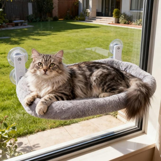 Cat Window Perch with Strong Suction Cups, Cat Window Hammock Foldable Bed with Breathable Mesh, All-Season Lounger for Medium Small Cats to Bird Watch & Sunbathe (Grey, L)