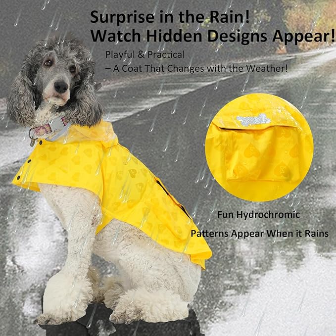 Waterproof Dog Raincoat, Adjustable Reflective Lightweight Pet Rain Clothes with Poncho Hood (Yellow(Water-Activated Color Change), XX-Large)