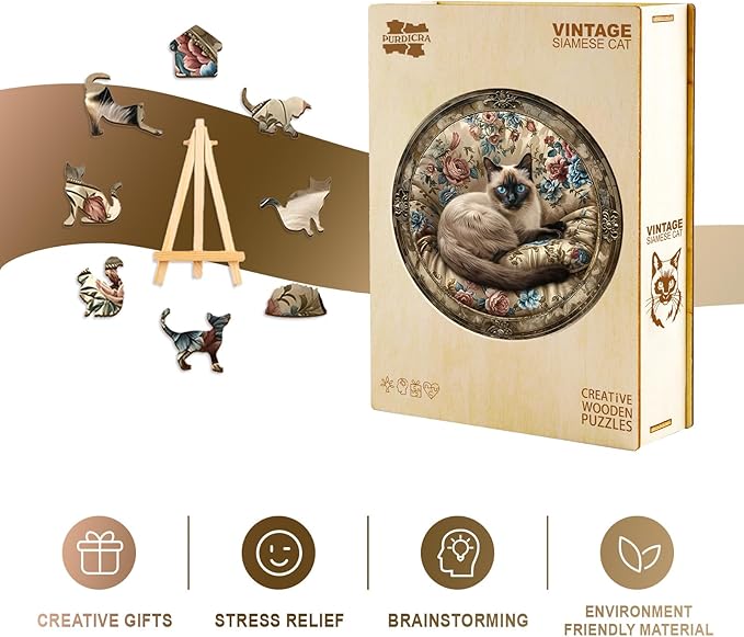 Wooden Puzzles for Adults - Vintage Siamese Cat Wooden Jigsaw Puzzle, Unique Animal Shaped Wood Puzzles Adult, Christmas Birthday Gifts for Friends/Family, Home Decor 11.4 * 11.4in 200pcs