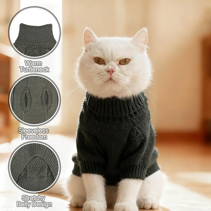 BINGPET Cat Sweater,Thermal Knitted Kitten Clothes Winter Coat,Classic Knit Turtleneck Cat Sweaters for Cats Only,Warm Pet Clothes for Kittens & Small Dogs Puppy Boy Girl Indoor Outdoor(Grey,M)